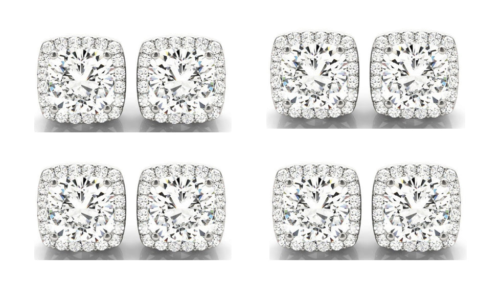 14k White Gold 6mm 1/2Ct Cushion Cut White Sapphire Set Of Four Halo Stud Earrings Plated