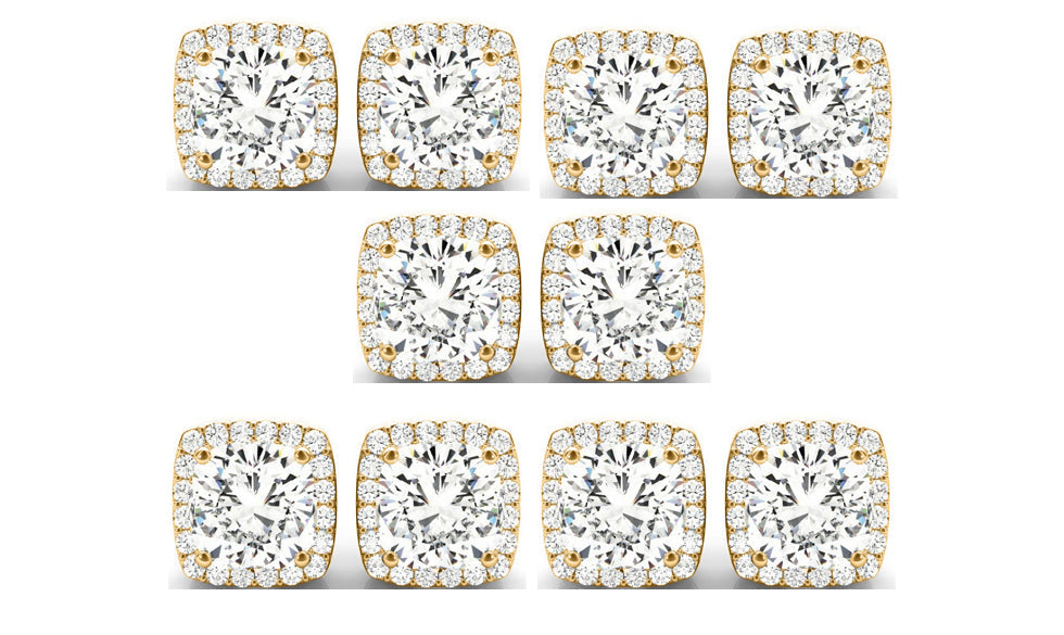 18k Yellow Gold 4Ct Cushion Cut White Sapphire Set Of Five Halo Stud Earrings Plated