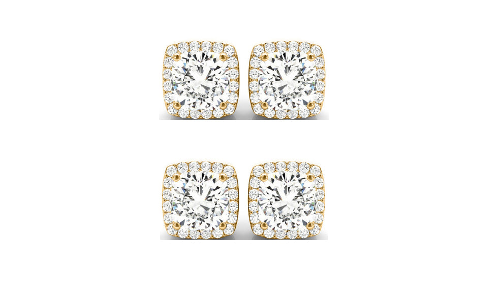 18k Yellow Gold 2Ct Cushion Cut White Sapphire Set Of Two Halo Stud Earrings Plated