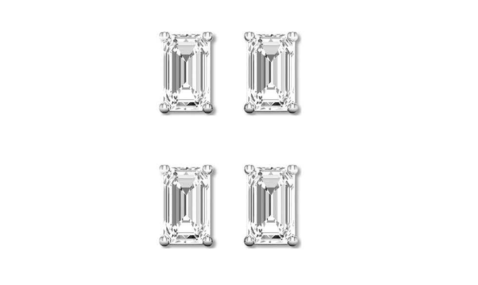 14k White Gold 2Ct Emerald Cut White Sapphire Set Of Two Stud Earrings Plated