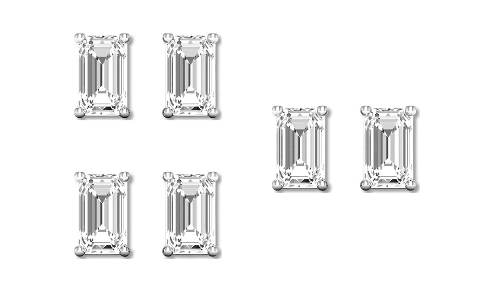 14k White Gold 4Ct Emerald Cut White Sapphire Set Of Three Stud Earrings Plated