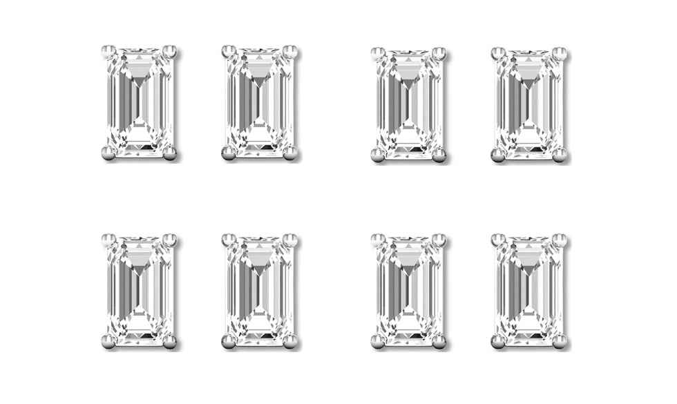 14k White Gold 6mm 1Ct Emerald Cut White Sapphire Set Of Four Stud Earrings Plated