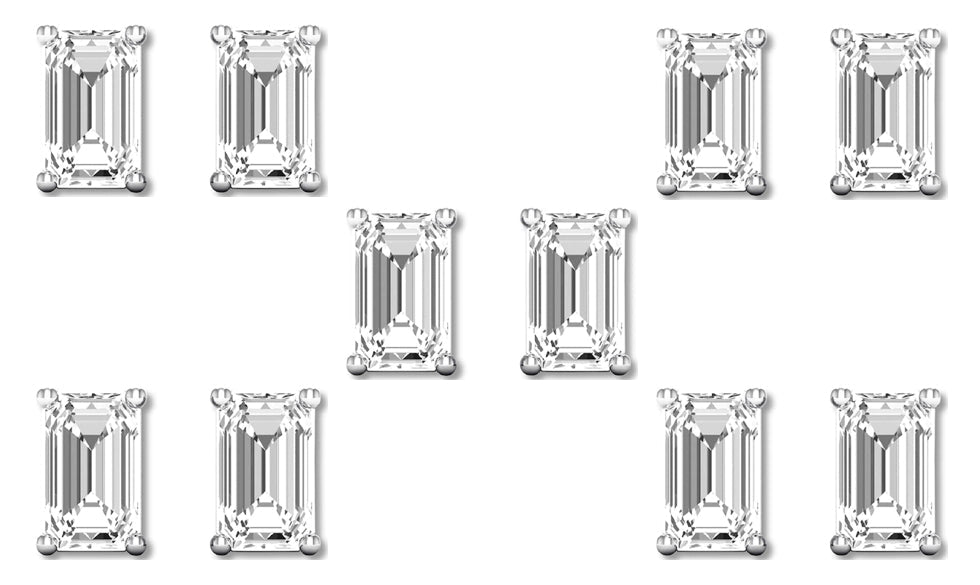 14k White Gold 6mm 4Ct Emerald Cut White Sapphire Set Of Five Stud Earrings Plated