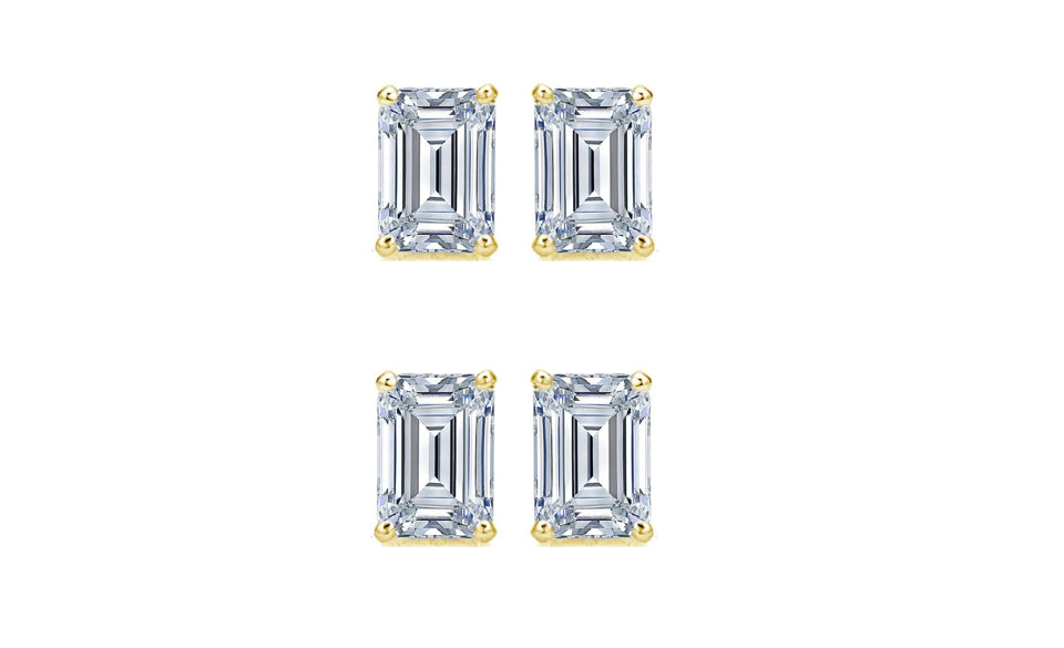 14k Yellow Gold 4Ct Emerald Cut White Sapphire Set Of Two Stud Earrings Plated