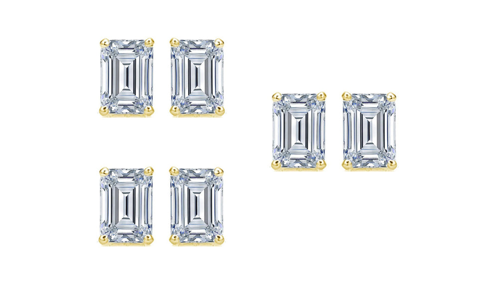 Paris jewelry 14k Yellow Gold 6mm 3Ct Emerald Cut White Sapphire Set Of Three Stud Earrings Plated