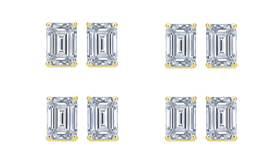 14k Yellow Gold 1Ct Emerald Cut White Sapphire Set Of Four Stud Earrings Plated