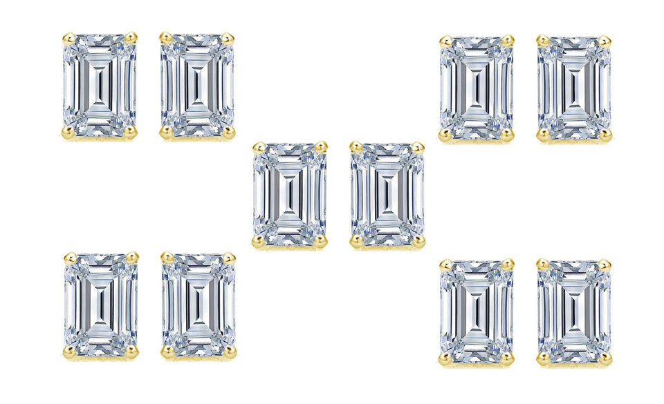 18k Yellow Gold 6mm 3Ct Emerald Cut White Sapphire Set Of Five Stud Earrings Plated